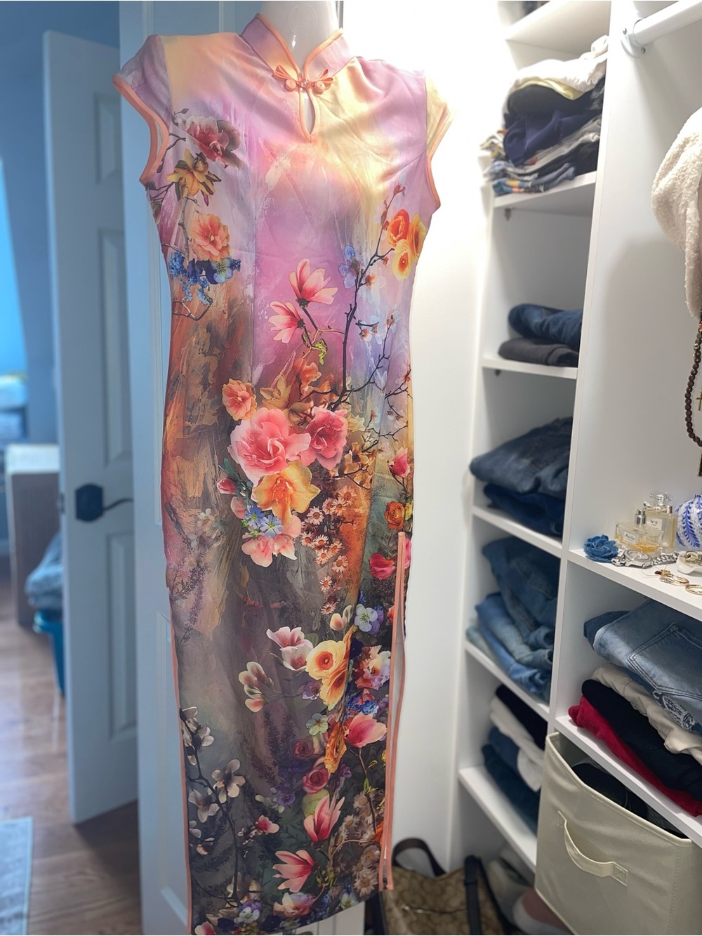 Floral Satin Maxi Cheongsam Dress in Pink and Multicolor